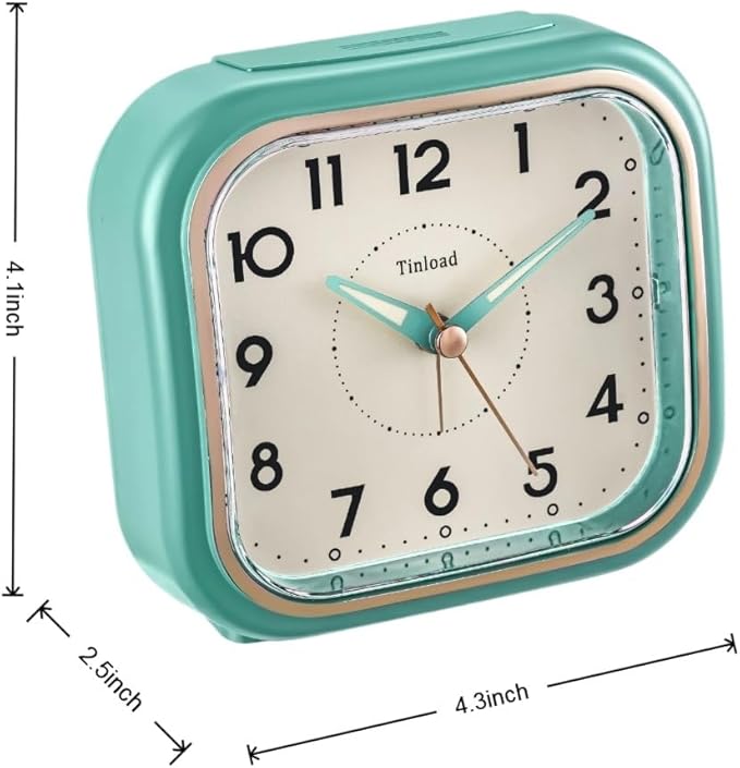 Tinload 4.3" Vintage Retro Analog Alarm Clock, Super Silent Non Ticking Clock with Manual Light, Snooze, Battery Operated, Simply Design, for Living Room, Bedroom, Bedside, Desk(Green)