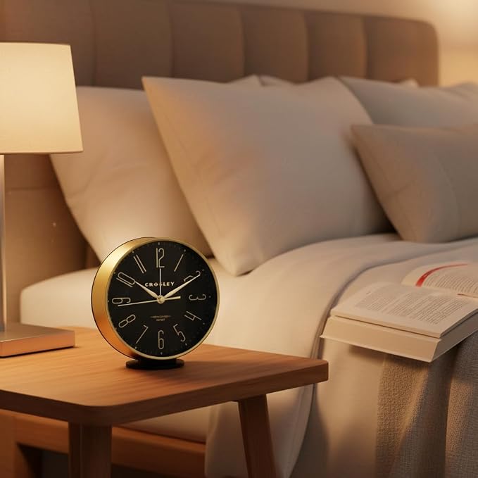 Timelink Crosley Modern Art Deco Alarm Clock for Office, Bedroom, or Desk – Analog Non-Ticking Clock with Easy-to-Read Dial, Gold Metal Frame & Black Face (6-Inch)