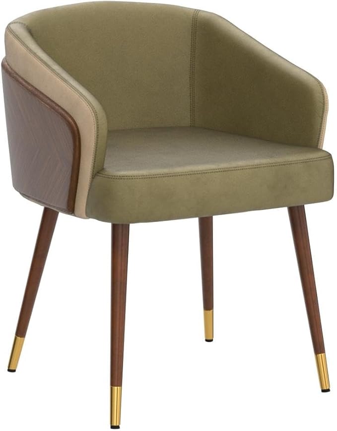 ARTPLAN Modern Upholsted Accent Dining Chairs,Mid-Century Faux Leather with Walnut for Kitchen,Office Waiting Room Arm Sitting Chair, Beech Legs Dissassembly Adjustable Feet,Army Green