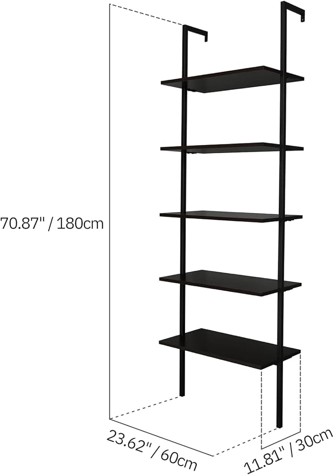 Karl home Ladder Shelf 5 Tier Wall Mounted Bookcase with Metal Frame, Open Design Shelves for Living Room, Bedroom, Home, Dark Walnut (23.62" L x 11.81" W x 70.87" H)