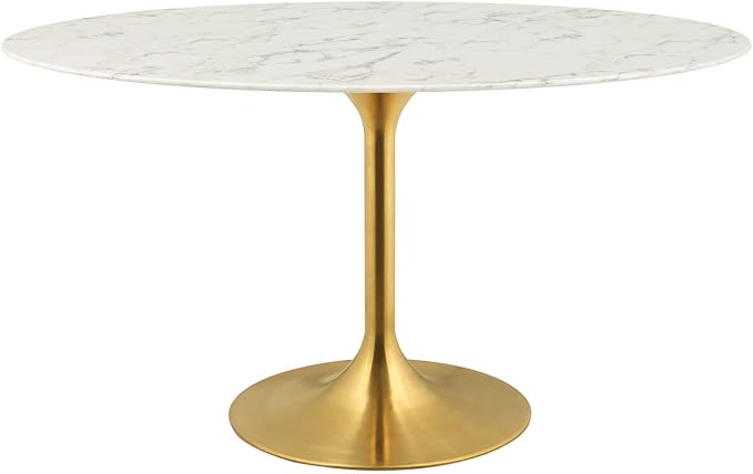 Modway Lippa 54" Oval-Shaped Mid-Century Modern Dining Table with Artificial Marble Top and Gold Base