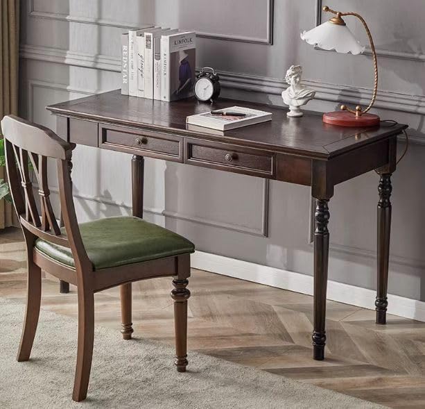 ADORZ Walnut Desk with Drawers, 47 Inch French Country Desk Solid Wood Writing Desk for Home Office, Study Workspace or Bedroom (Walnut, 47 inches)