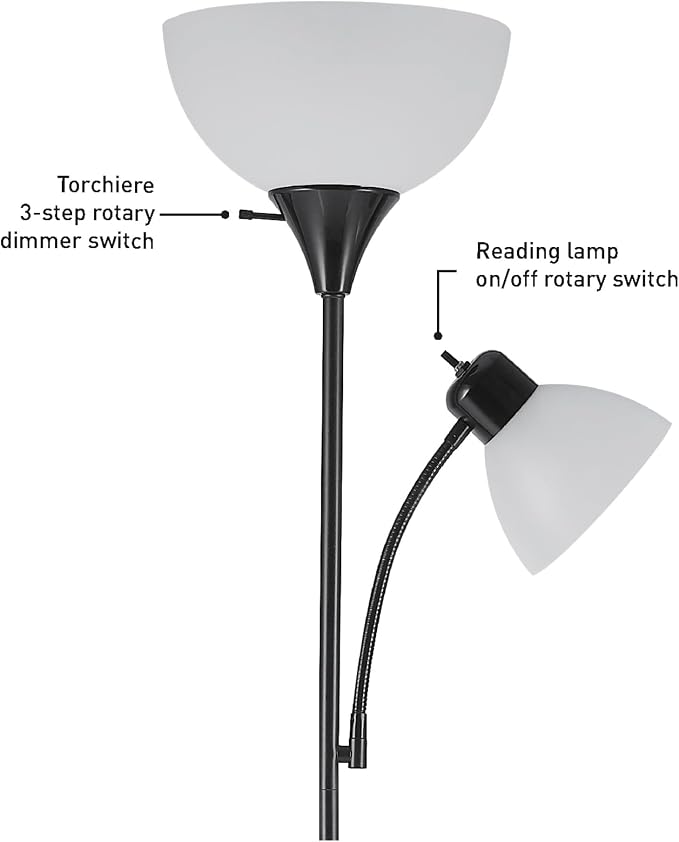 GLOBE Electric 67135 72" Floor Lamp with Adjustable Reading Light, Bright, Easy-to-Assemble Torchiere for Bedroom, Living Room & Office - Space-Saving Slim Design (Pack of 2)