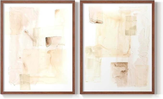 Renditions Gallery Set of 2 Peel & Stick Framed Prints, Abstract Wall Art, Mixed Handmade Oil Painting Wall Decor, Re-Stickable - Ready to Hang - 22"x28" - Walnut Frame LT588