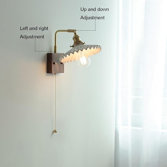 Adjustable Swing Arm Wall Lamp - Modern Walnut Base & Brass e, Retro Design with Pull Chain, Perfect for Bedroom & Living Room Lighting (White)