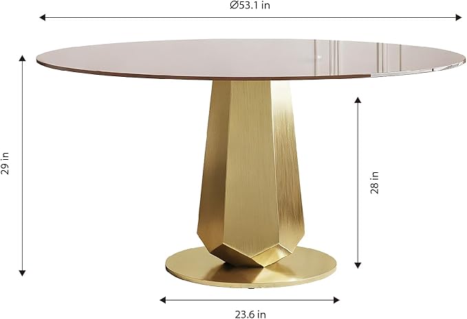 Montary 53 inch Luxury Round Dining Table with Smoked Glass Top, Modern Kitchen Table for 4-8 People, Gold Stainless Steel Base & Easy Assembly, Space Saving Breakfast Table for Apartments