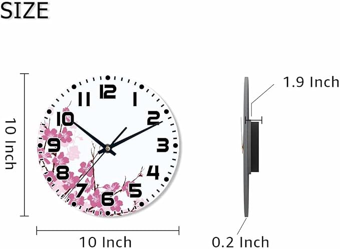 Flower Branches Wall Clock 10 inch Round Pink and Purple Silent Non Ticking Wood Wall Clocks Battery Operated Easy to Read Decorative Wall Clock for Bedroom Kitchen Living Room Bathroom