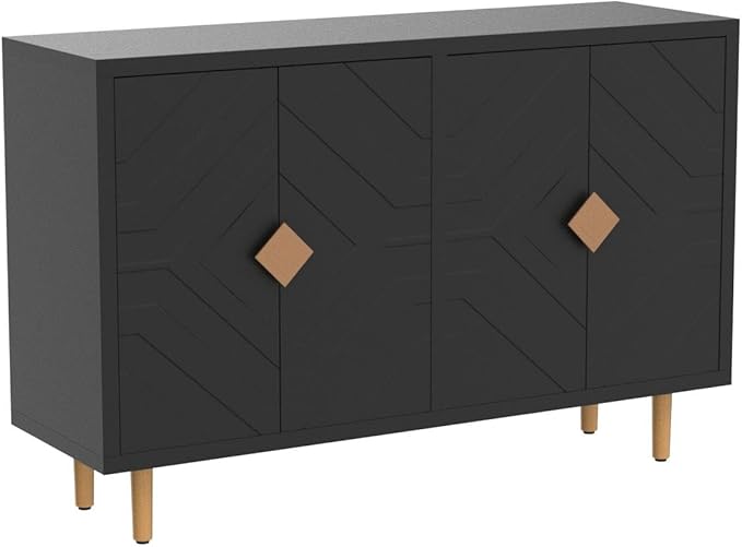 HLR 48" Accent Cabinet with 4 Doors and Shelves, Modern Sideboard Buffet Cabinet with Decorative Embossed Pattern Doors, Credenza Storage Cabinet for Living Room, Kitchen, Dining Room, Hallway