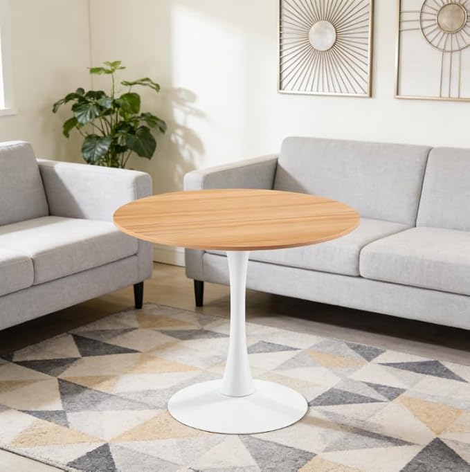 Oak Round Dining Table, Modern 31.5" Tulip Kitchen Table with Thickened Tabletop & Sturdy Pedestal Base, Tulip Shape Table for Small Places, Living Room, Office, Cafe