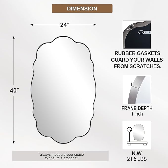 ANDY STAR Brushed Nickel Wavy Oval Bathroom Mirror,24x40 Inch Silver Scalloped Wall Mirror, Unique Irregular Wall Mirror with Sophisticated Curved Design