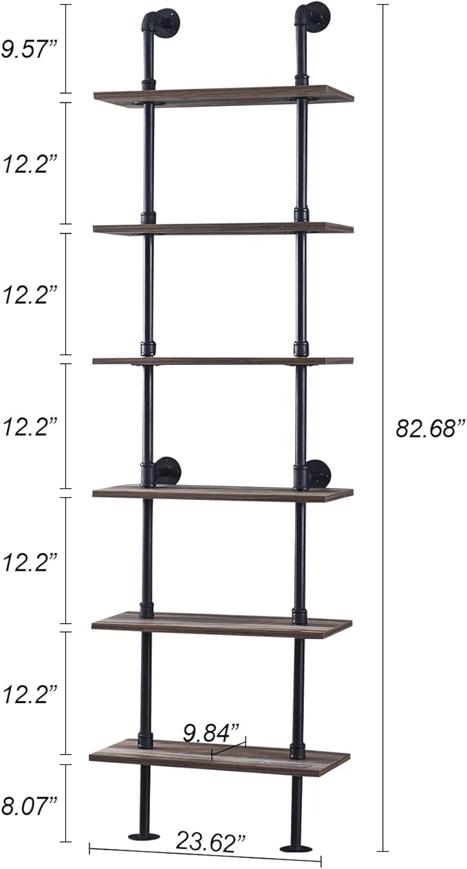 HOMBAZAAR Industrial Pipe Bookshelf,6 Tier Pipe Shelving,Wall Mounted Ladder Shelves with Metal Frame for Home Office,Living Room,Oak Brown