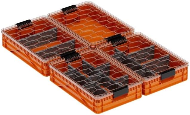 SIDIO Quarter Crate 4 Pack of Stackable Storage Bins - Organizer Bins with Dividers for Garage Organization, Home Storage - Heavy Duty Plastic Containers - 19.16” x 12.75”x 4.57” (Orange)