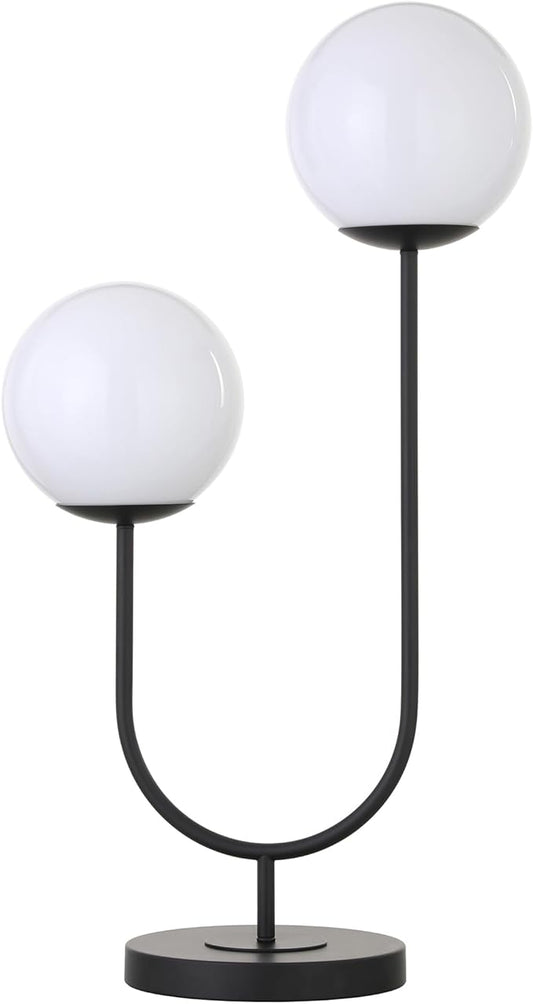 Henn&Hart 28" Mid-Century Modern 2-Light U-Shaped Table Lamp with White Milk Glass Globe Shade for Living Room, Bedroom, or Office, Black