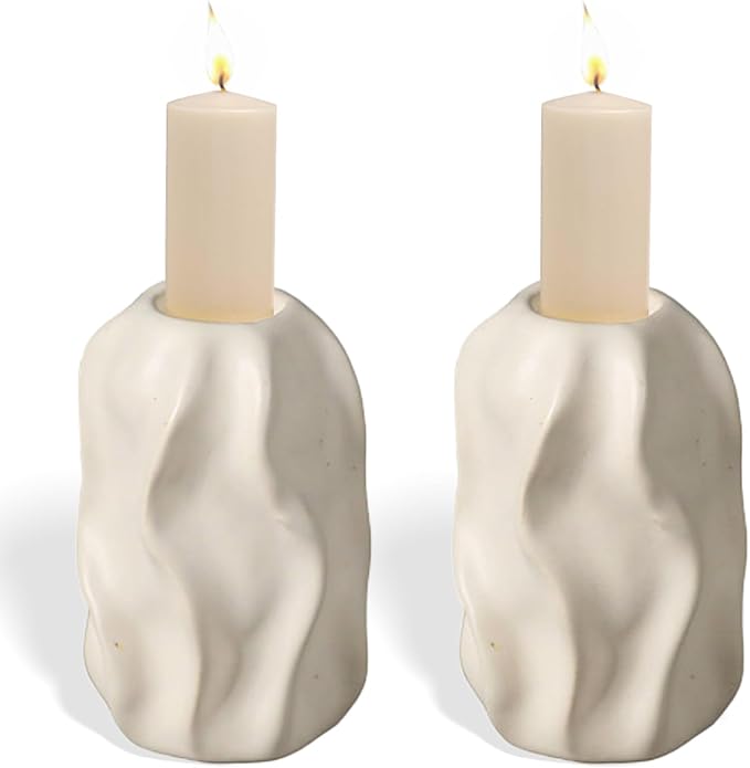 2 Pcs White Ceramic Pillar Candle Holders, Classic Elegant Candle Stands for Wedding, Dinner Party, French Country Fireplace & Home Decor