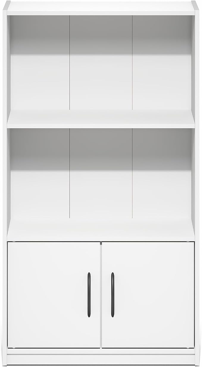 Furinno Gruen Book Shelf, 3-Tier Bookshelf, Bookcase with Open Shelf and 2 Doors Storage Cabinet, 9.3 x 21.8 x 39.5, for Organization and Storage, for Living Room, Bedroom, Home Office, White