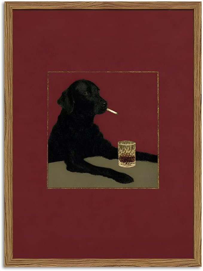 Funny Black Dog Wall Art Moody Black Labrador With Cigarette Wall Decor Picture Vintage Animal Bar Poster Canvas Painting Print for Living Room Bedroom 16x24 inch Wood Framed
