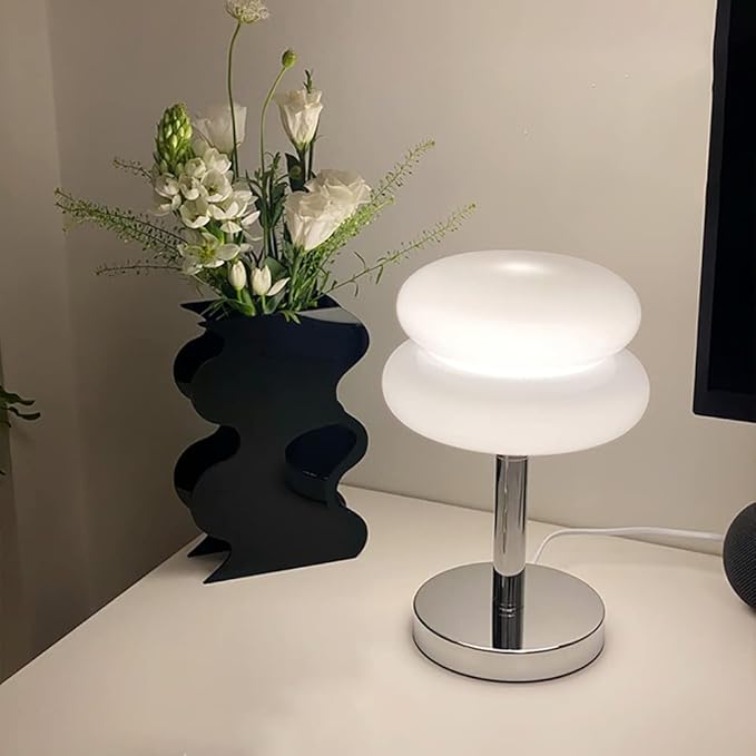 Meefad Mid Century Modern Glass Table Lamp, Mushroom Lamp for Bedroom, Cute Table Lamps, Elegant Night Light for Living Room in White