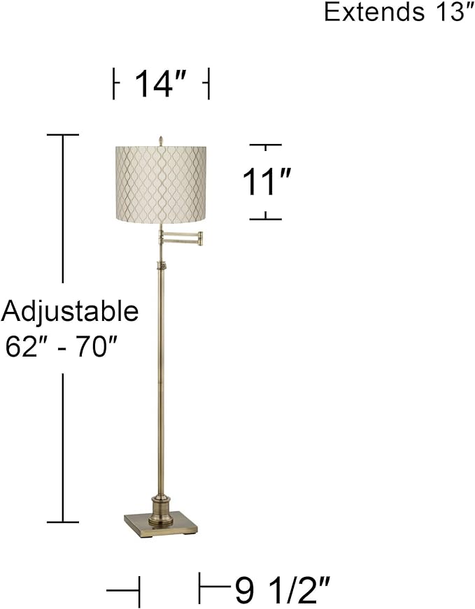 360 Lighting Westbury Swing Arm Floor Lamp Adjustable Height Standing 70" Tall Antique Brass Off White Embroidered Hourglass Fabric Drum Shade Decor for Living Room Reading House Bedroom