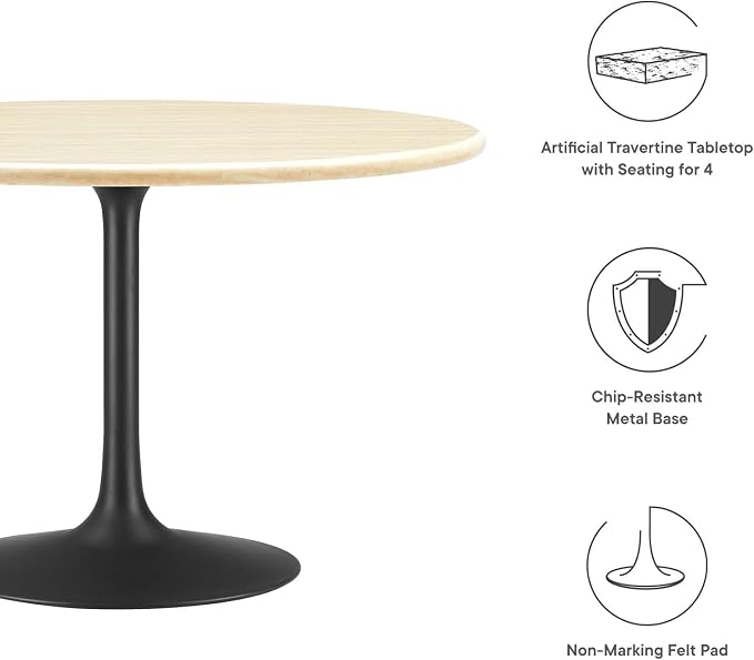 Modway Lippa 48" Round Artificial Dining Table with Tapered, Metal Base, Black Travertine