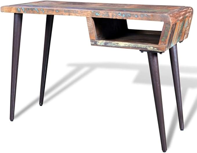 Reclaimed Wood Desk with Iron Legs, Solid Wood Table, Compact Design with Storage Compartment, Suitable for Office, Home, Gaming, Standing Workstation, Modern Writing Table