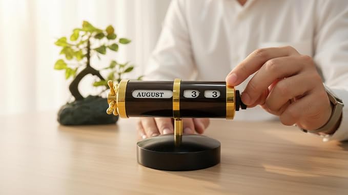 Brass Working Date and Month Perpetual Desktop Calendar Analog Retro Style Calendar For Home Office & Tabletop Decor