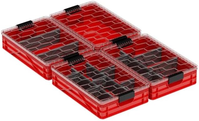 SIDIO Quarter Crate 4 Pack of Stackable Storage Bins - Organizer Bins with Dividers for Garage Organization, Home Storage - Heavy Duty Plastic Containers - 19.16” x 12.75”x 4.57” (Red)