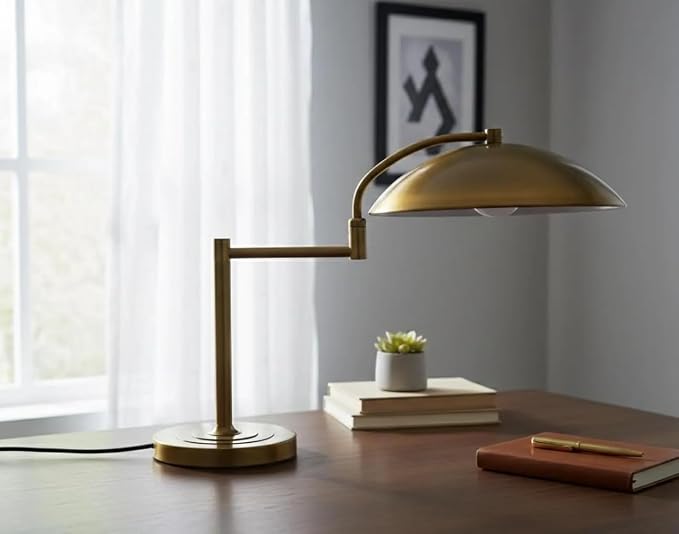Mid Century Modern Brass Desk Lamp – 1950s Vintage Table Lamp with Dome Shade, Adjustable Swivel Arm, Heavy Solid Base, Retro Bedside Reading Light for Office, Living Room, Bedroom (Polished Brass)