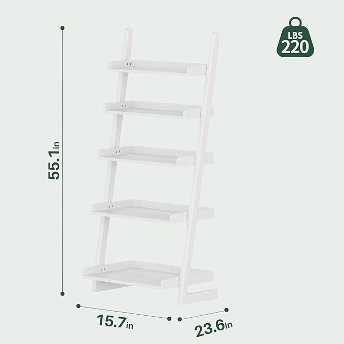 5-Tier Wooden White Ladder Shelf - Solid Wood Leaning Ladder Bookshelf Shelves Bookcase for Saving Space, 55" H Book Shelf for Living Room & Bedroom & Home Office