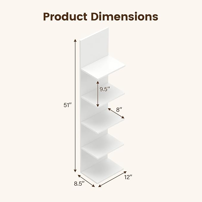 GOFLAME 5-Tier Wall Shelf, Wooden Display Floating Shelves, Wall Mounted Bookshelf Shelving Unit, Modern Storage Organizer Vanity Shelves for Living Room, Bedroom, Home Office (2,White)