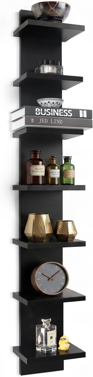 Homaterial 7 Tier Vertical Wall Shelf for Room Decor - Floating Shelves for Wall, Makeup Vanity, Perfect Display Storage for Small Spaces, Black Decorative Shelves