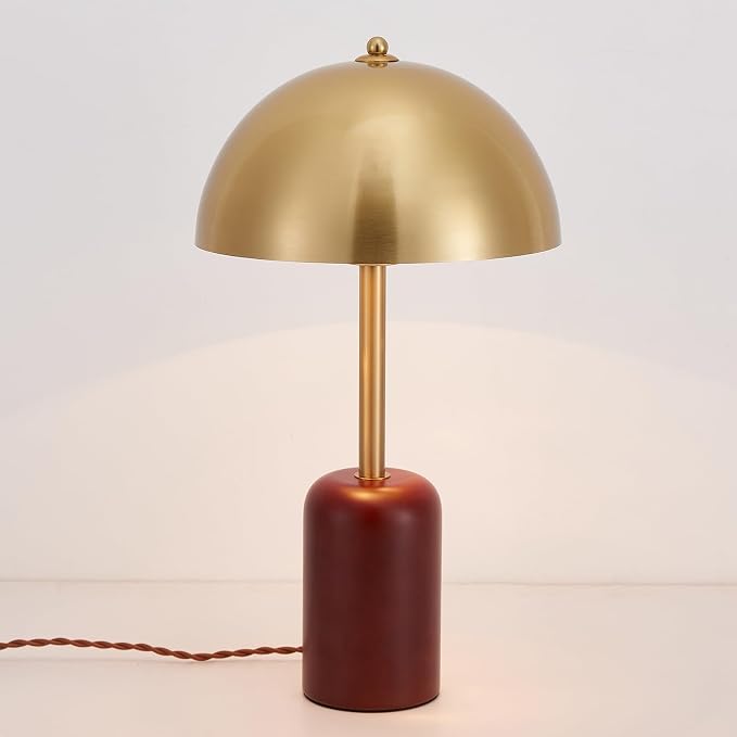 Bedside Table Lamp for Bedroom, Modern Plug in Brass Gold Shade & Cylindrical Wood Base Desk Lamp, Plug & Play Nightstand Lamp with Switch Power Cord for Living Room, Office 【Bulb Included】