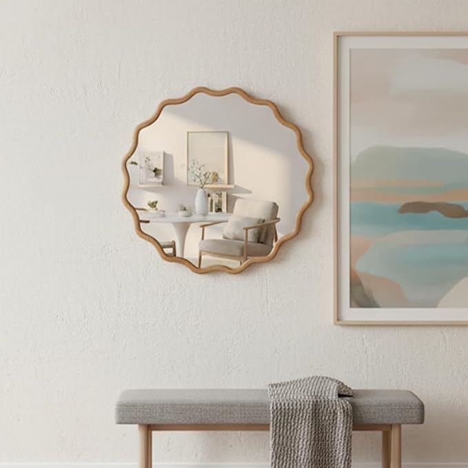 24 Inch Wooden Wavy Round Wall Mirror, Modern Solid Wood Frame Circle Decorative Accent Mirror for Bedroom, Bathroom, Living Room, Entryway, Natural Wood Color