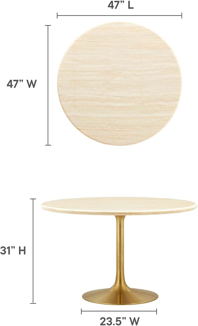 Modway Lippa 48" Round Artificial Dining Table with Tapered, Metal Base, Gold Travertine