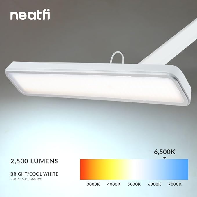 Neatfi Task Lamp – 2,500 Lumens, 30W, 22-Inch Wide Shade, 4 Brightness Levels, Eye-Caring Light, LED Task Light for Manicure Table, Crafts, Workbench, Office (Non-CCT with Base, White)