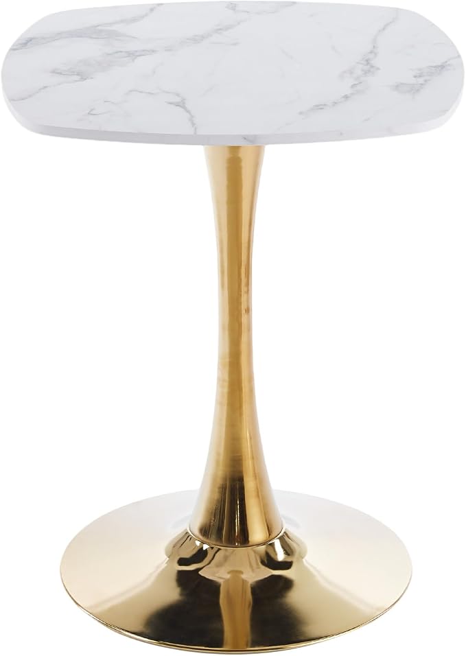 24" Square Tulip Dining Table, White & Gold Modern Pedestal Table for 2-4, Luxury Small Dining Table for Kitchen, Apartment, Bistro, Cafe, Mid Century Modern Design