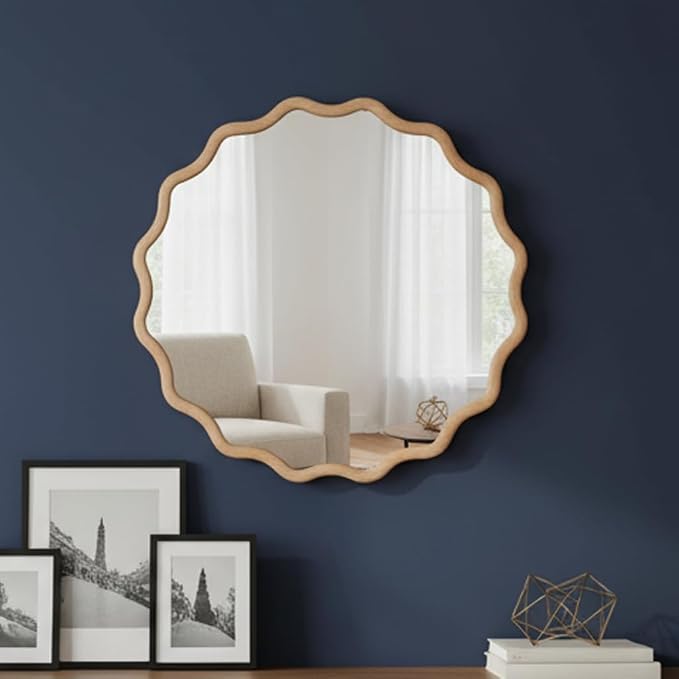 24 Inch Wooden Wavy Round Wall Mirror, Modern Solid Wood Frame Circle Decorative Accent Mirror for Bedroom, Bathroom, Living Room, Entryway, Natural Wood Color