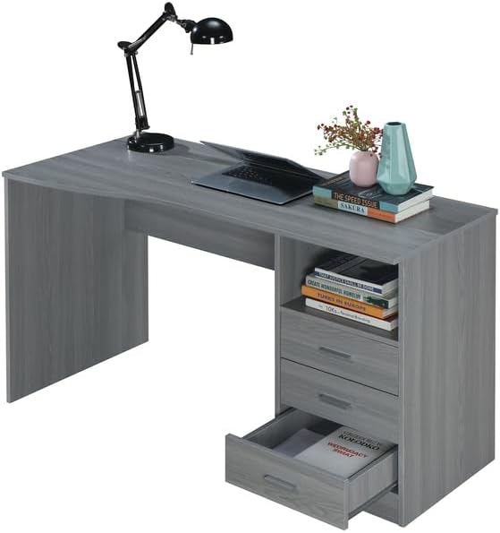 HomeStock Art Deco Dreams Classic Computer Desk with Multiple Drawers, Grey, Expansive Contoured Desktop, Three Drawers and Under Table Side Shelf for Storage, Heavy-Duty Particle Board