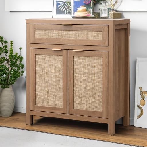 SICOTAS Buffet Cabinet Sideboard with Storage, Rattan Accent Cabinet with Doors Drawer, Boho Credenzas Farmhouse Buffet Table Console Coffee Bar Cabinets for Entryway Living Room, Natural Oak