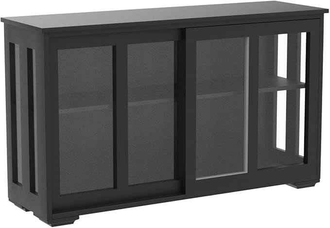 RASOO Buffet Sideboard with Sliding Glas Door and Adjustable Shelf Stackable Kitchen Storage Cabinet Antique Cupboard Home Furniture, Black