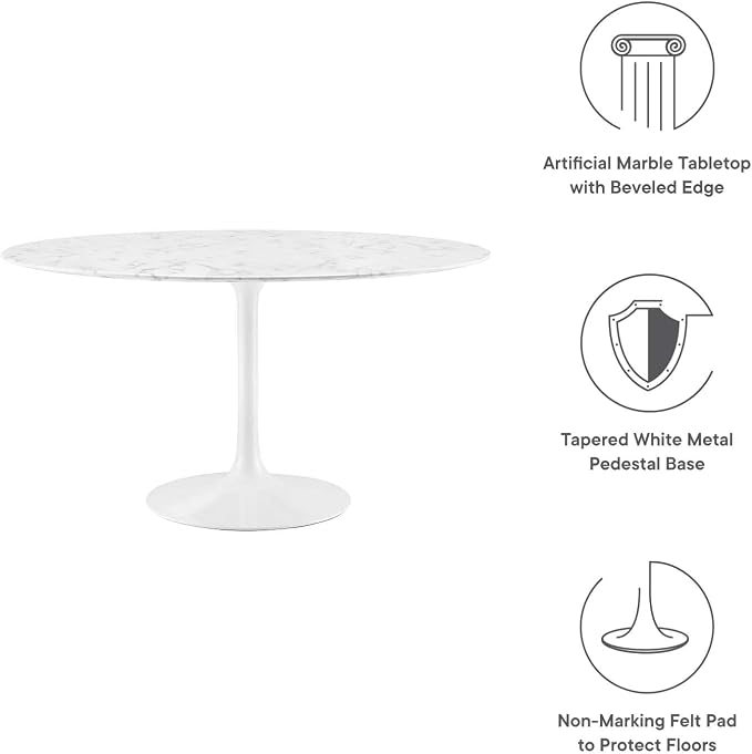 Modway Lippa Round 54" Mid-Century Modern Artificial Marble Dining Table in White
