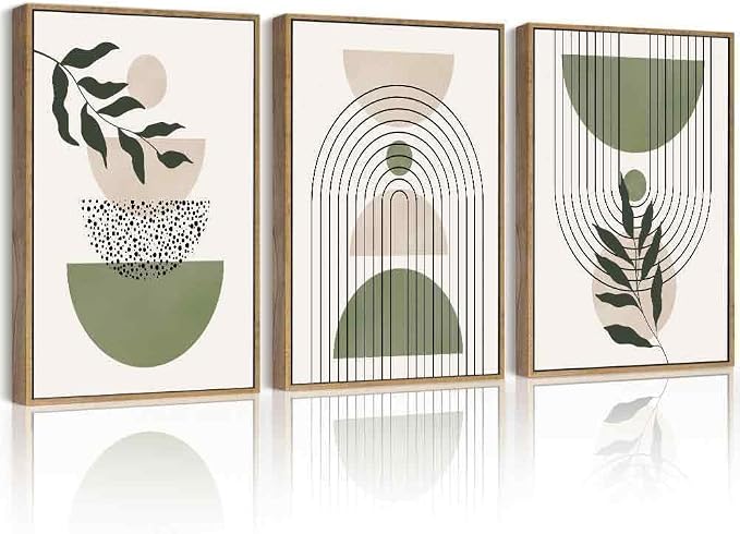 Drsoum Green Botanical Boho Wall Art Framed Modern Sage Bohemian Plant Wall Decor Abstract Geometry Lines Prints Ready to Hang 11x14in Natural Framed