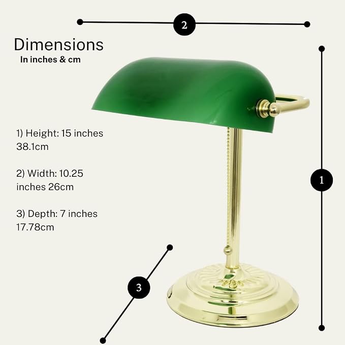 LIGHTACCENTS Traditional Banker’s Desk Lamp with Green Glass Shade and Brass Base – Classic Desk Lamp with Pull Chain, Office Lighting, Vintage Style Reading Light