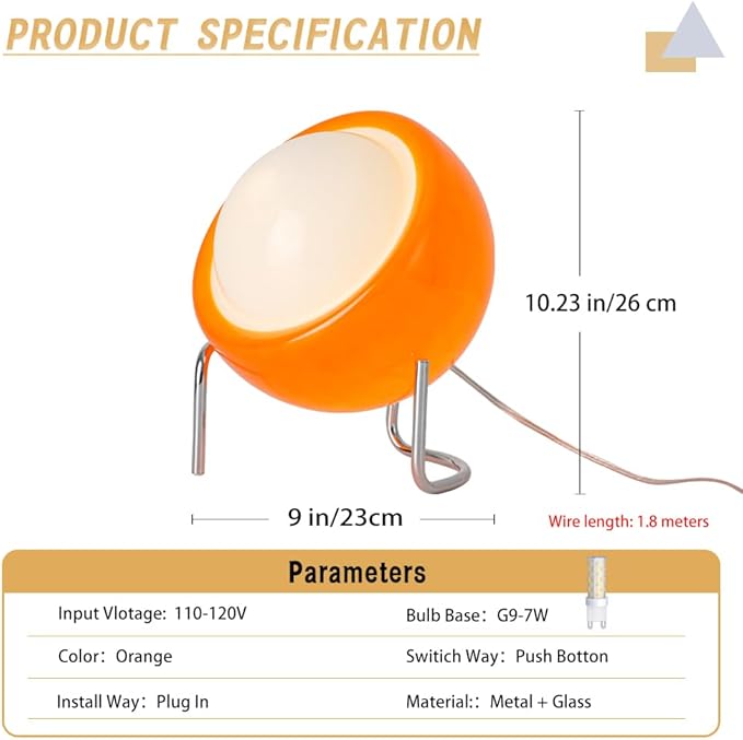 Orange Table Lamp, Mid Century Modern Bauhaus Table Lamp with 3 Color Adjustable Light 5.9 Ft Transparent Cord Plug Cord Andf Switch MCM Abstract Lamp for Nightstand Bedroom Living Room Desk