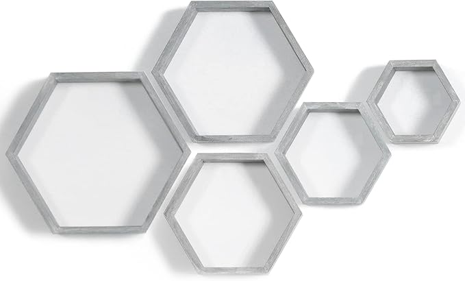 PHOENANCEE Hexagon Floating Shelves,Wall Mounted Wood Farmhouse Storage Honeycomb Wall Shelf Set of 5,for Bathroom, Kitchen, Bedroom, Living Room,Office,Driftwood Finish (Vintage Grey)