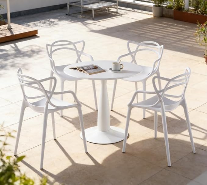31.5" Round Dining Table Set for 4, Mid Century Modern Round Dining Table with 4 Chairs, w/Pedestal, White Coffee Table Set for Kitchen Dining Room, Office, Save Space (with 4 Stacking Chairs)