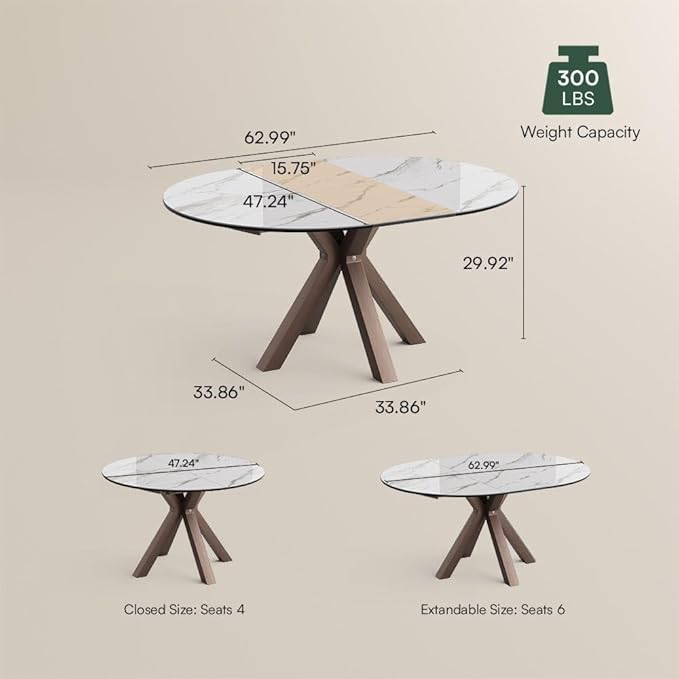 POVISON Modern Extendable Dining Table, 47" to 63" Round to Oval Sintered Stone Kitchen Table with Carbon Steel Pedestal Base for 4-6, White with Bronze(Table Only