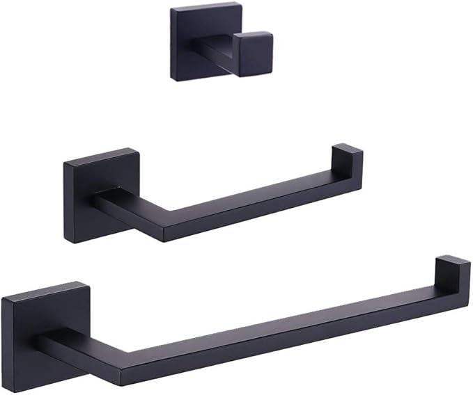 GERZWY Bathroom Hardware Accessories Sets SUS304 Stainless Steel Bath Shower Set 3-Pieces(Robe Hook Toilet Paper Holder Towel Bar) Contemporary Style, Matte Black IG18567-3BK