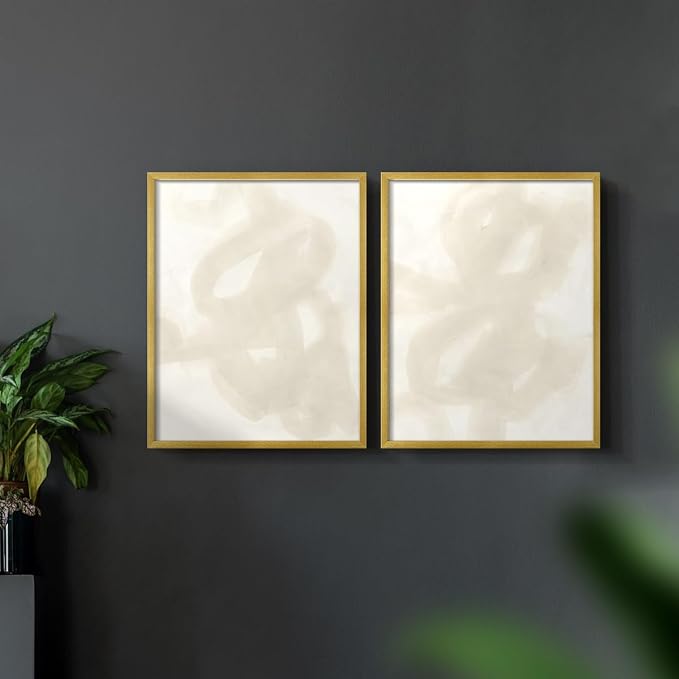 Renditions Gallery Set of 2 Peel & Stick Framed Prints, Abstract Wall Art, Beige and White Aesthetic Wall Decor, Re-Stickable - Ready to Hang - 22"x28" - GOLD Frame LT588