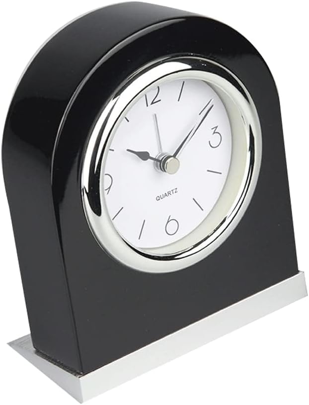 Table Clock Classic Desk Alarm Wood Desk Archway Small shelf clock with Silver Base. Retro Style small table clock, Modern Arched Shaped Clock,Low-Gloss Rosewood Hall Finish, Brass Finish Metal Bass.