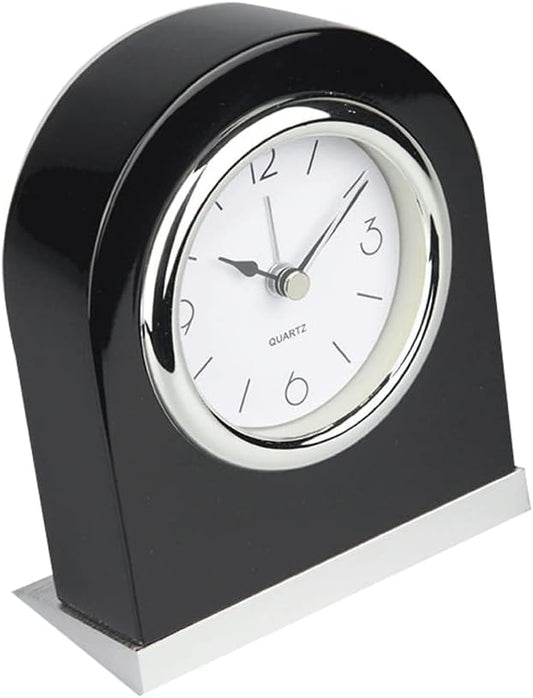 Table Clock Classic Desk Alarm Wood Desk Archway Small shelf clock with Silver Base. Retro Style small table clock, Modern Arched Shaped Clock,Low-Gloss Rosewood Hall Finish, Brass Finish Metal Bass.